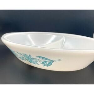 Vintage Glasbake Milk Glass Divided Casserole Dish Wheat Blue White
